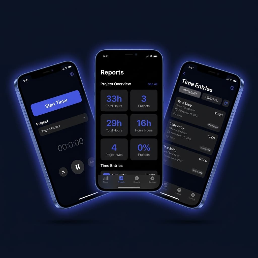 TimeLog app showing timer, reports, and time entries on three phone screens